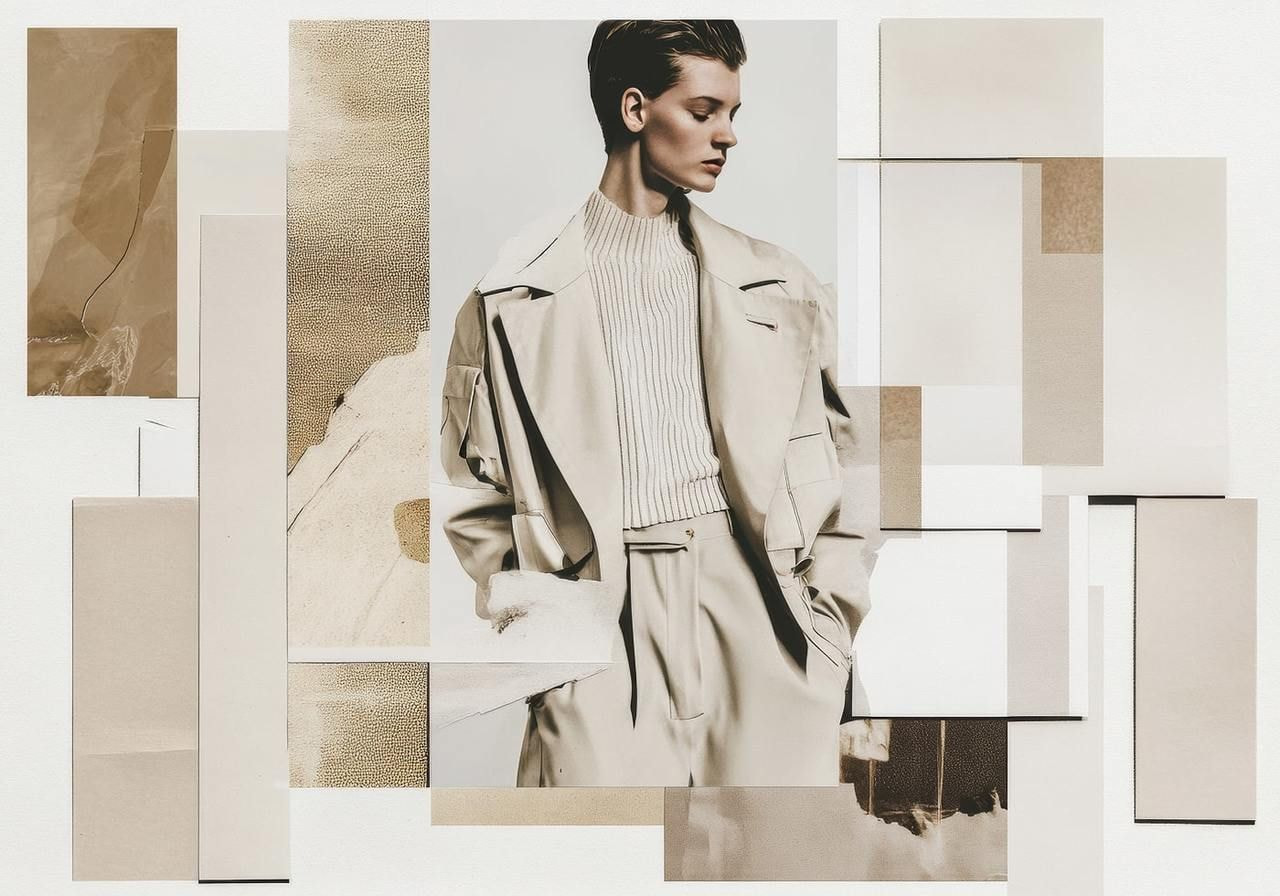 An AI-generated image of a person in a trench coat and white pants, with abstract design elements around.