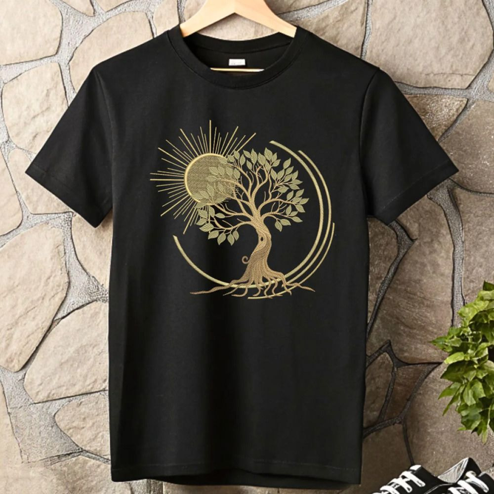Black t-shirt featuring a gold tree design with a sun, creating a striking contrast and vibrant visual appeal.