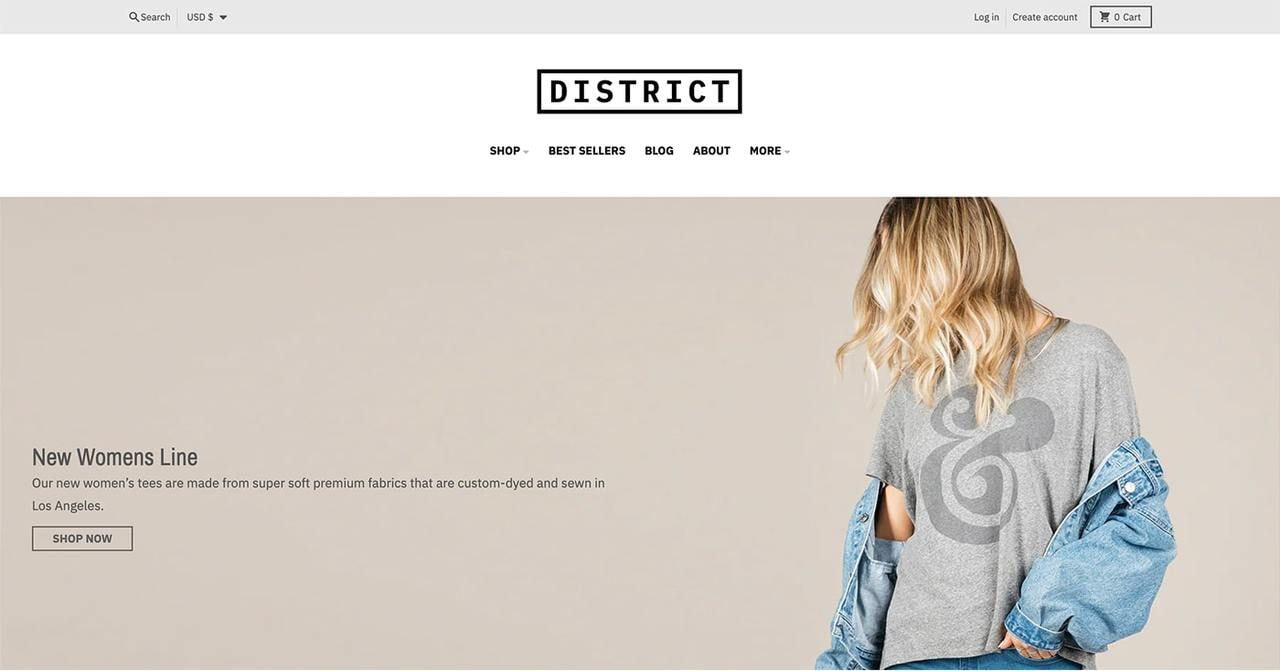 District Shopify theme hero section screenshot as an example of the best Shopify themes for dropshipping.