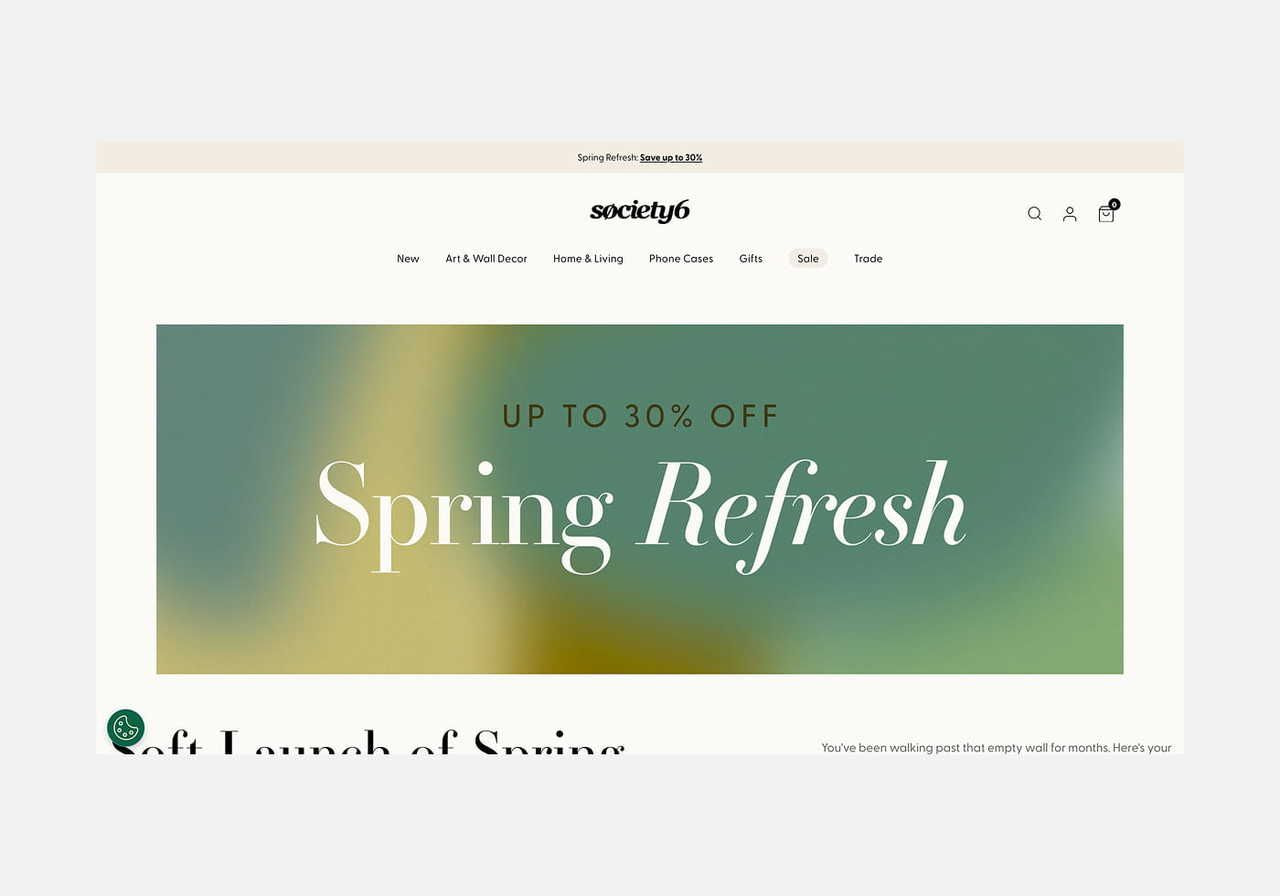 Society6 homepage hero section screenshot mockup.