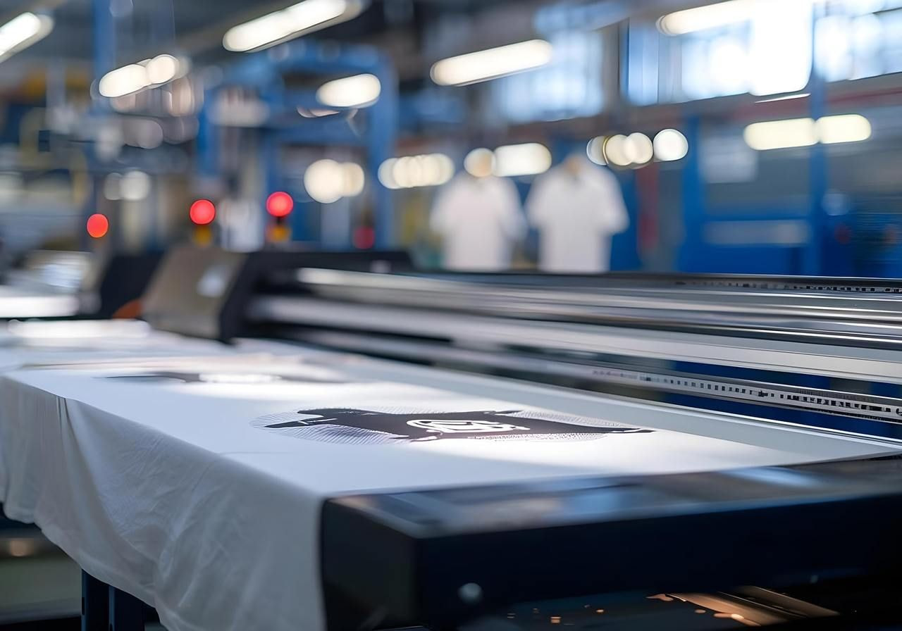 A row of t-shirts on a conveyor belt in a textile printing facility.