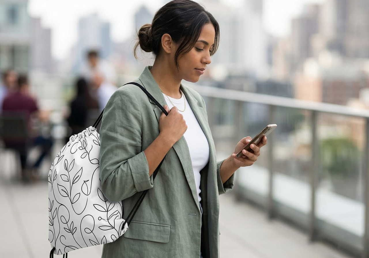A woman in a green blazer holds a phone, walking on a city rooftop with a leafy-patterned drawstring bag.
