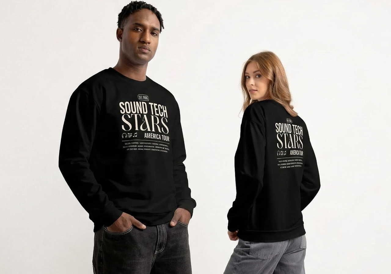 Two models wearing black sweatshirts with "Sound Tech Stars America Tour" printed on them. One faces forward, the other shows the back.