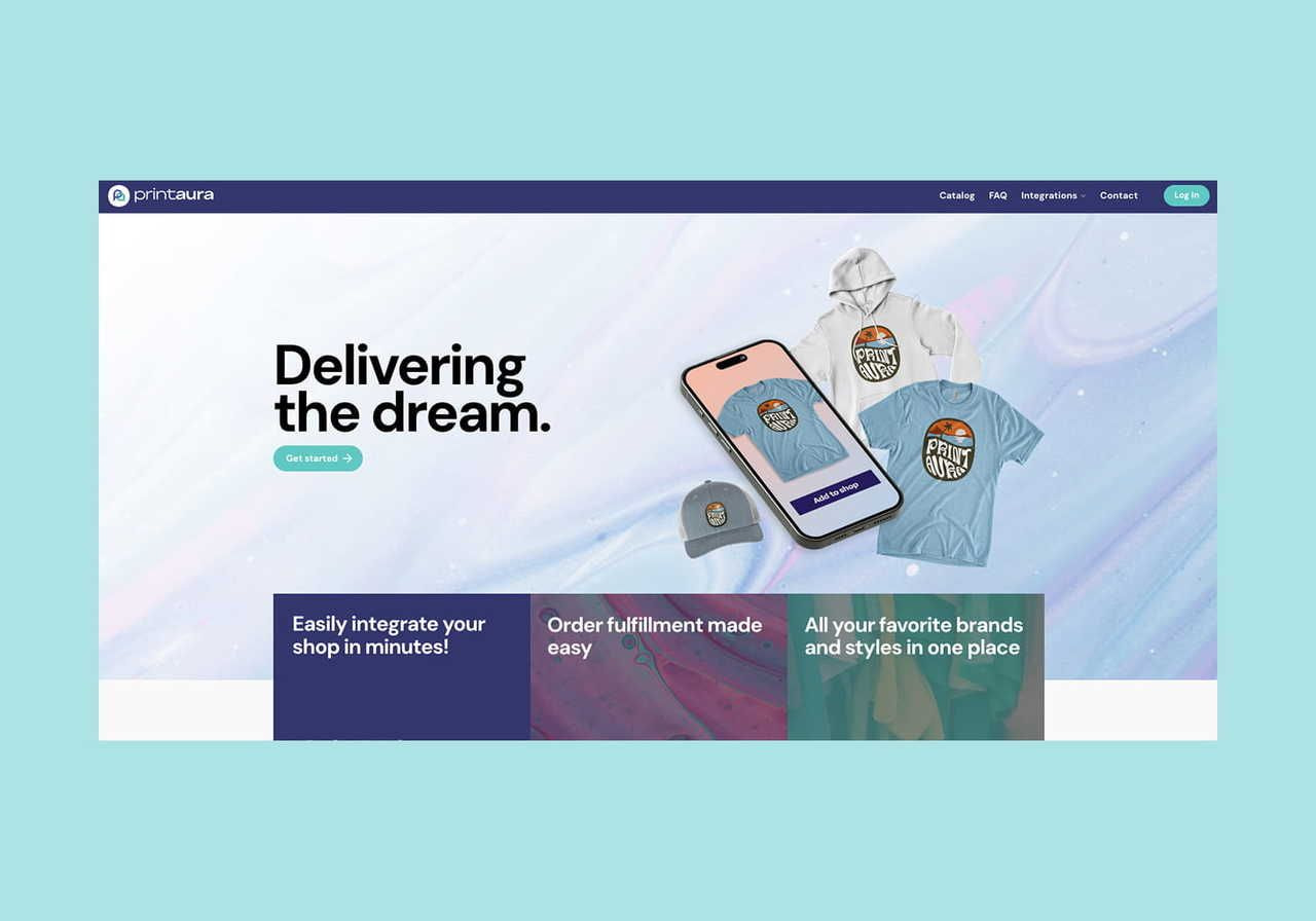 PrintAura homepage hero section screenshot mockup.