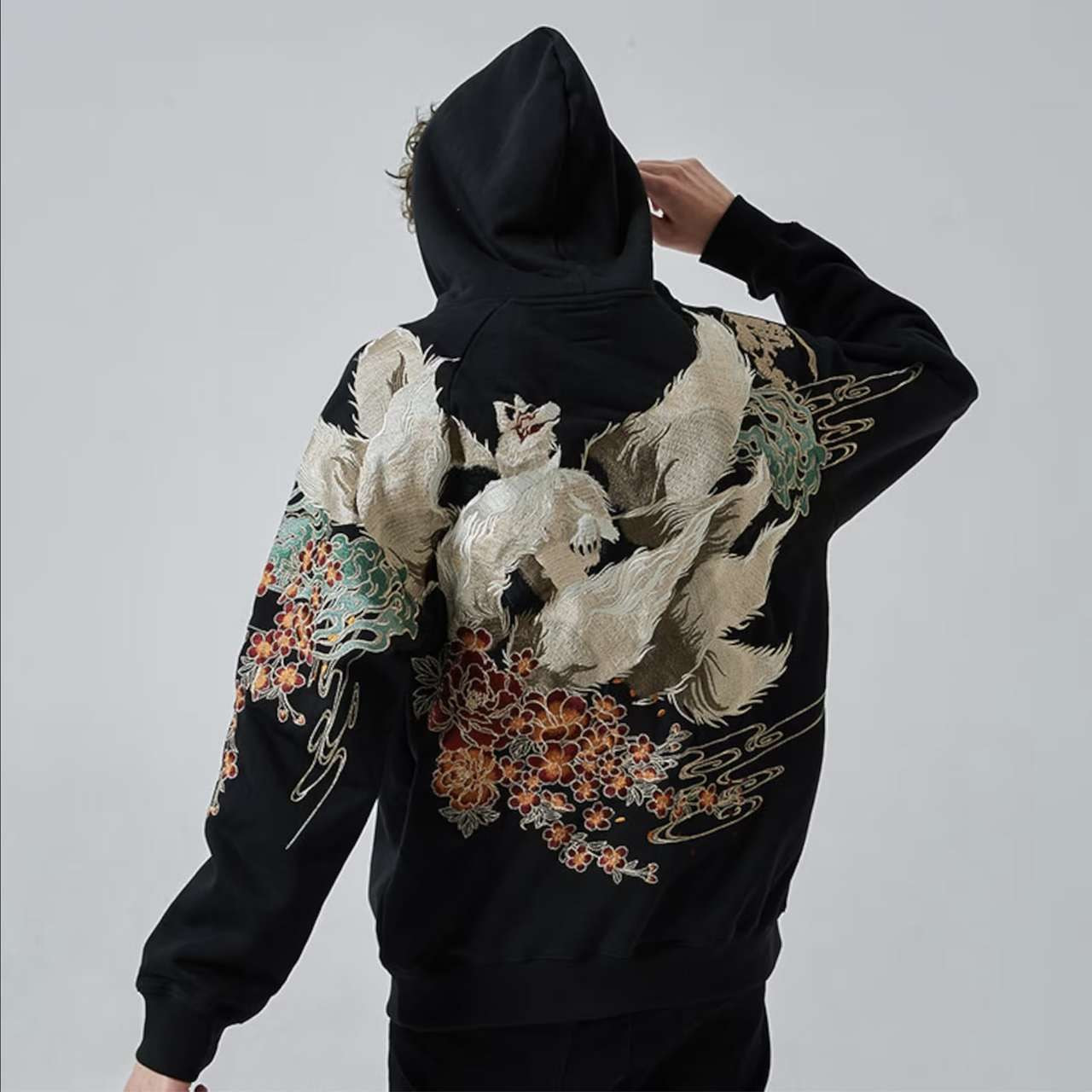 japanese themed embroidered hoodie