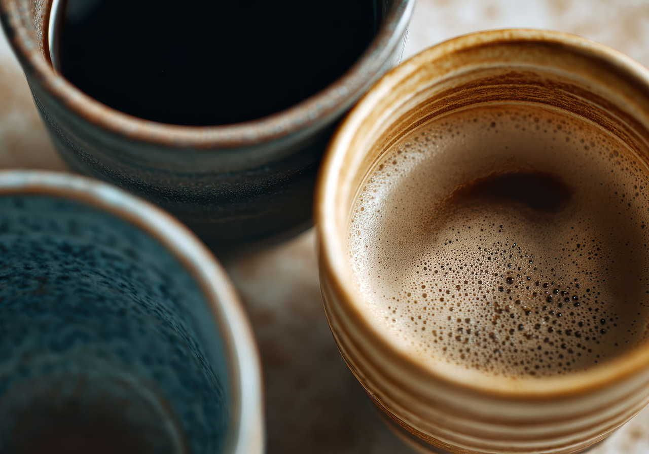 Close-up of three ceramic cups with textured surfaces, each filled with coffee. 