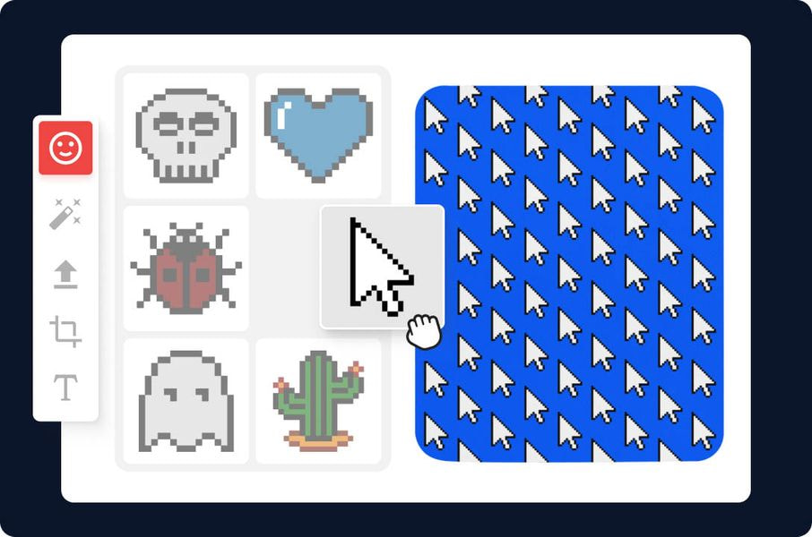 “Online design maker interface showing pixel art icons and a repeating cursor pattern being applied to a custom mouse pad.