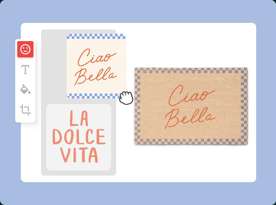 Illustration of a design editor where artwork and typography are combined to create a custom printed doormat.