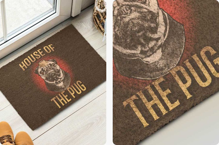 Dark-colored custom doormat printed with a pug portrait and decorative typography, designed for pet lovers and personalized entrances.