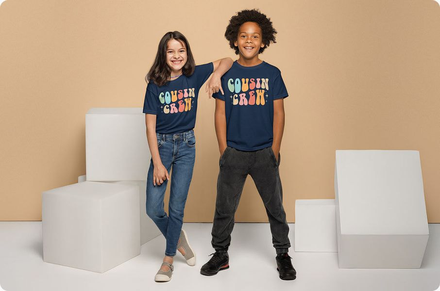 kids wearing navy blue t-shirts with colorful 