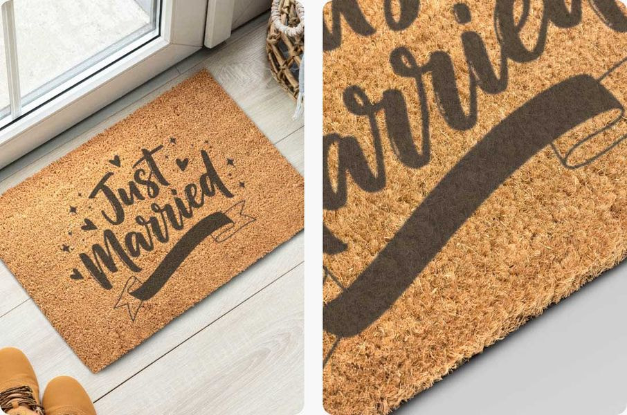 Personalized coir doormat celebrating a wedding with decorative typography and a “Just Married” message.