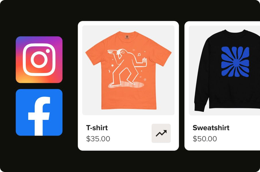 A graphic representation of an e-commerce product display for social media platforms. On the left are icons for Instagram and Facebook. On the right are two product cards: an orange t-shirt with a white abstract dancing figure print for $35.00, and a black sweatshirt with a blue abstract floral print for $50.00.