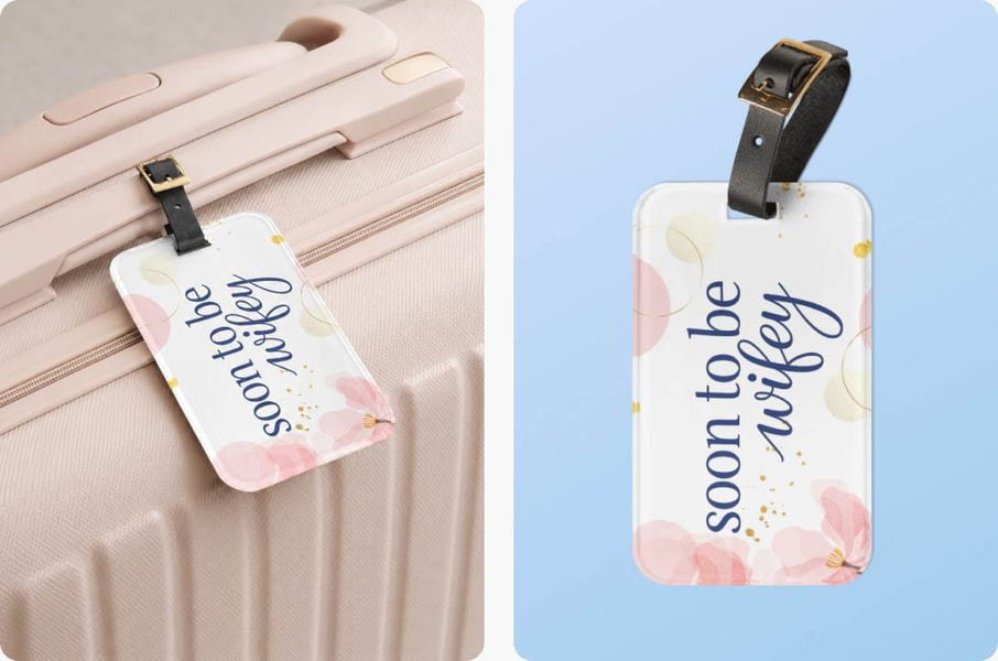 Custom luggage tag with elegant floral artwork and “soon to be wifey” typography, attached to a suitcase as a wedding or honeymoon travel accessory.