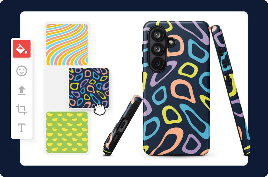 Design tool interface showing a custom Samsung phone case with a colorful abstract pattern. Three design options appear on the left, while the selected artwork is displayed across the back and sides of the phone case.