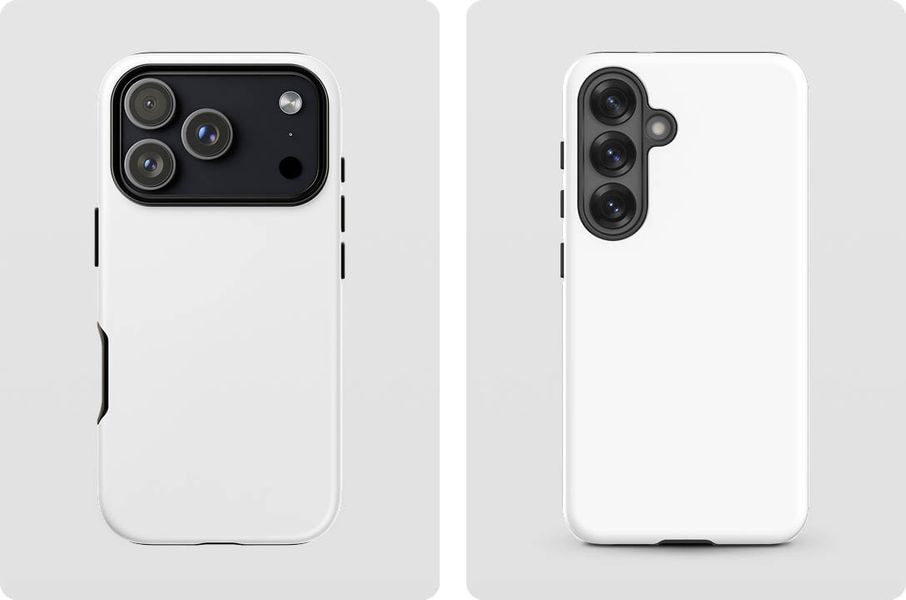 White dual-layer protective phone cases for iPhone and Samsung, designed for enhanced durability while providing a blank surface for custom artwork.