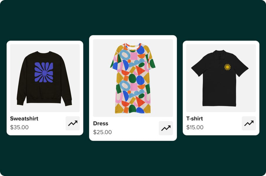 Online store product catalog with sweatshirt, dress, and t-shirt listings and prices.