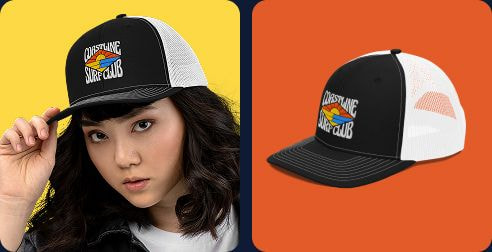 Model wearing a black and white Coastline Surf Club trucker cap with embroidered sunset and wave logo, alongside product-only cap image on colorful backgrounds.