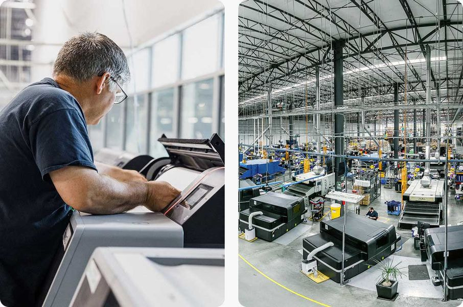 Print production facility featuring large-format printing equipment and in-house manufacturing operations.