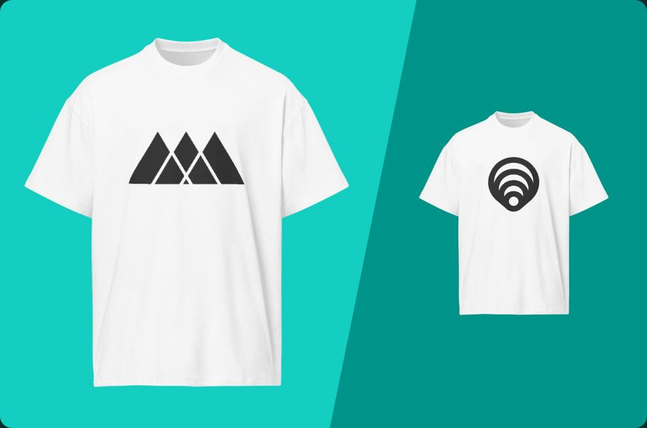 two white t-shirts, one with a black Printful logo printed, one with a black Teemill logo printed