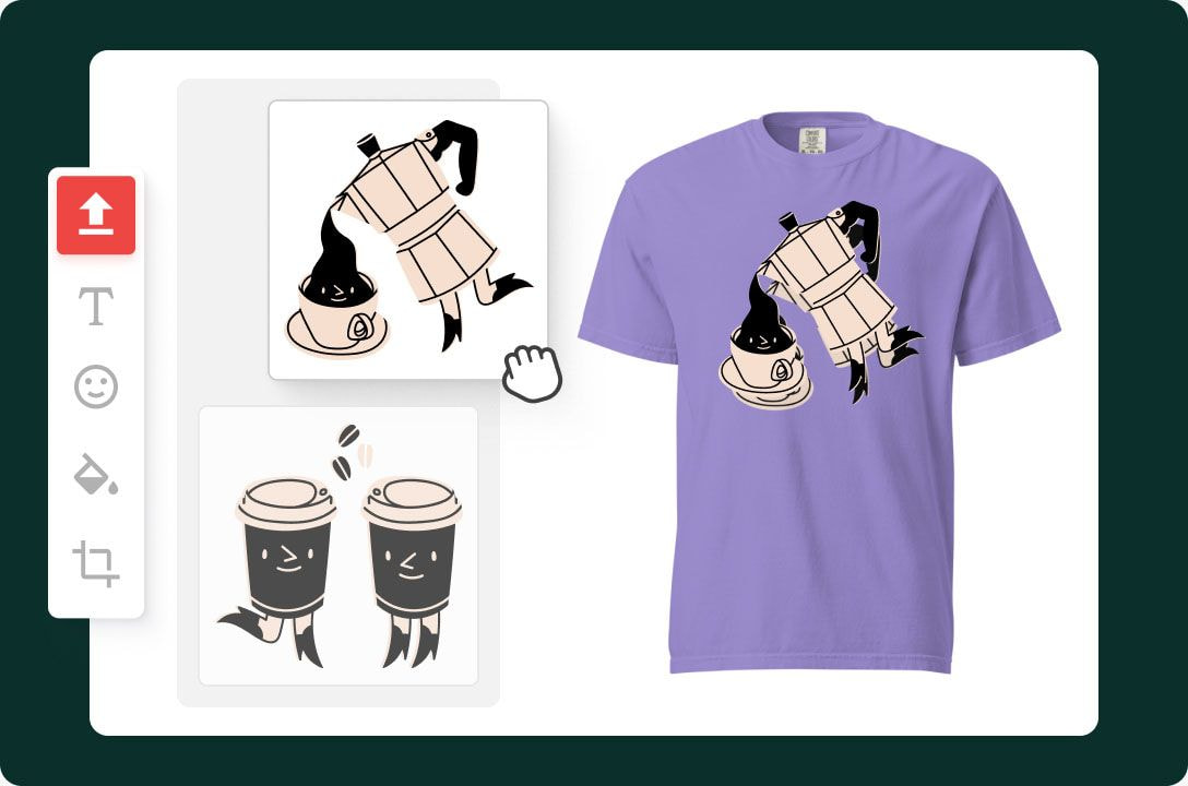 a purple shirt with a cartoon image of coffee cups