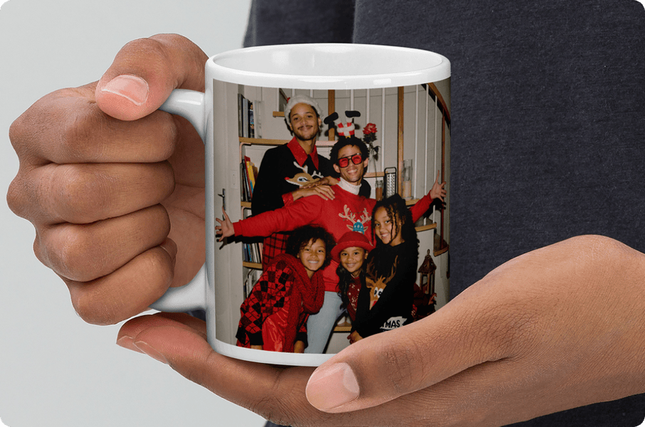 Custom photo mug featuring a family holiday picture printed on white ceramic.