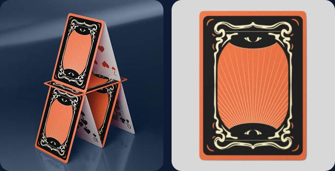 Custom poker card deck featuring an ornate orange-and-black card back design with decorative eye motifs, shown as a stacked house of cards alongside detailed close-up views and a full card-back mockup, highlighting personalized playing card printing and custom game accessories.
