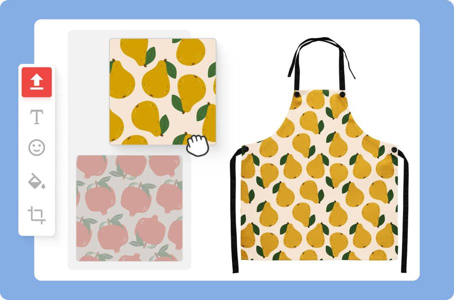 Design editor applying pear pattern artwork onto customizable apron.