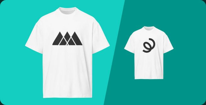 Two white t-shirts with simple black graphic logos displayed on teal background.
