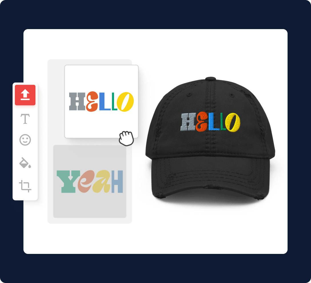 a black hat with colorful text