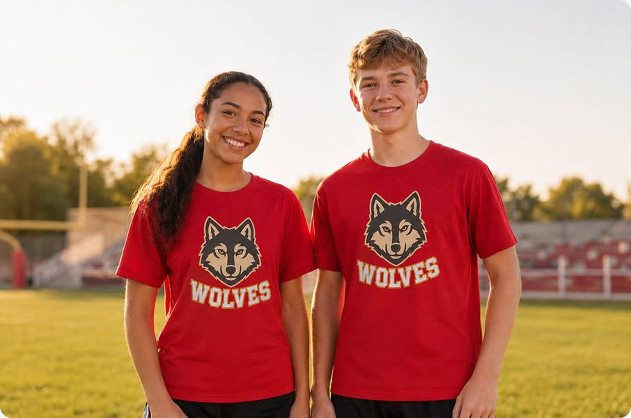 a boy and girl in red shirts