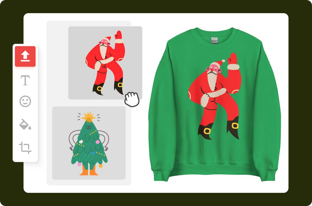 a green sweatshirt with a cartoon of santa claus