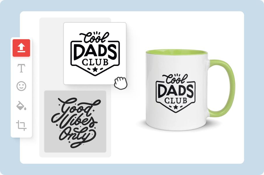 Mug design preview in product creator with ‘Cool Dads Club’ graphic selected.