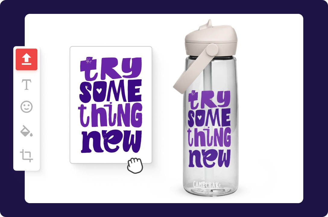 a water bottle with a white lid and purple text