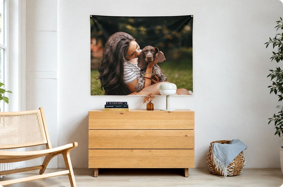 a poster on a wall with a dog and a dresser