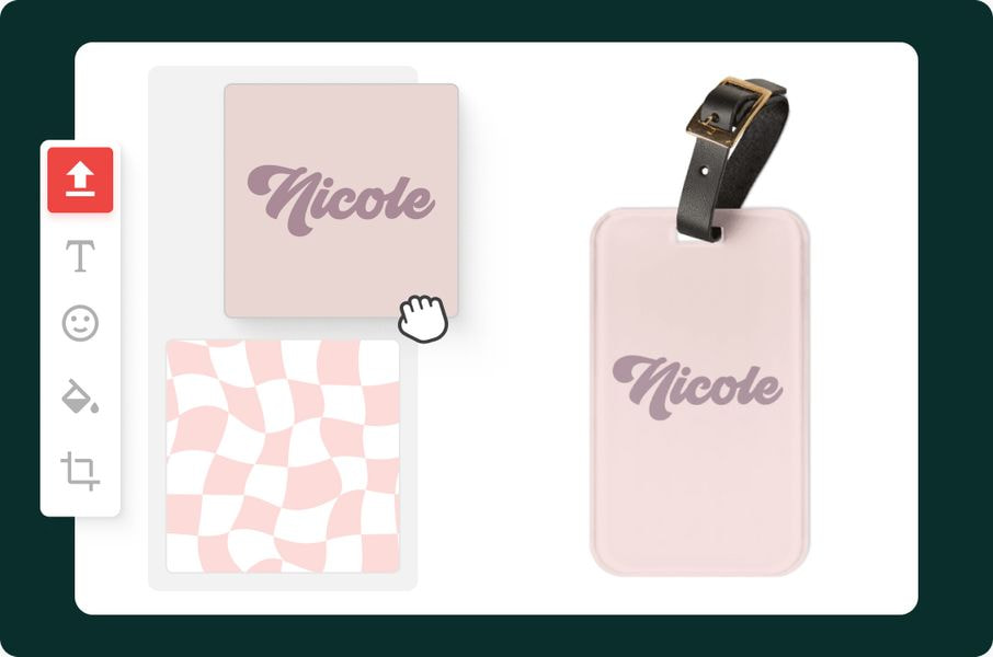 Design interface showing a custom luggage tag with a printed name, demonstrating how personalized text can be added to the product.