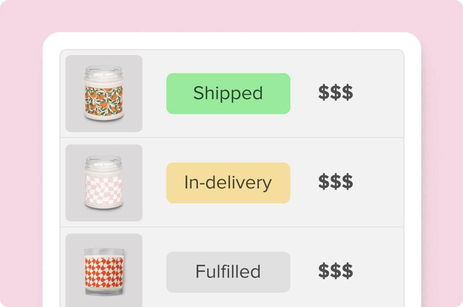 Order dashboard showing custom candle fulfillment statuses.