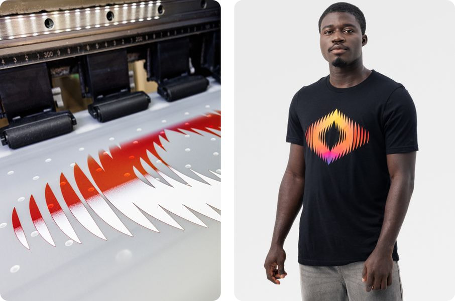 Split image showing a large-format printer producing a vibrant design and a model wearing a black T-shirt featuring the printed artwork.