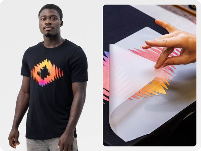 Person wearing a black T-shirt with a colorful geometric design next to a close-up of a direct-to-film (DTF) transfer being applied to fabric.