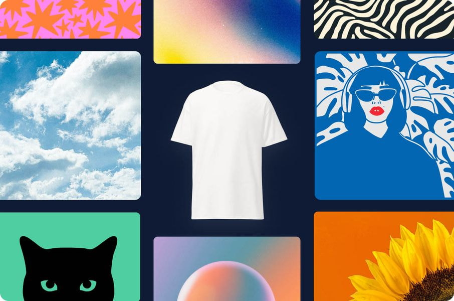 Collection of colorful artwork and photo tiles surrounding a blank white T-shirt, representing choosing a niche and selecting products for a custom apparel business.