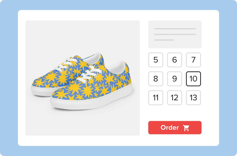 Online product customization interface featuring low-top sneakers with a blue and yellow star pattern and selectable shoe sizes.