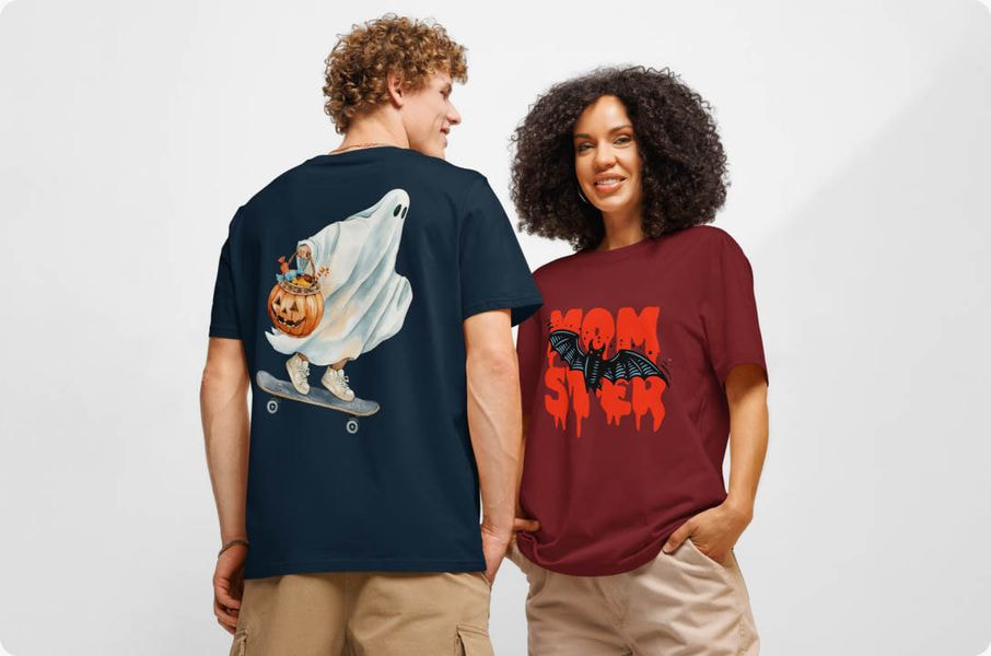a man and woman wearing matching shirts