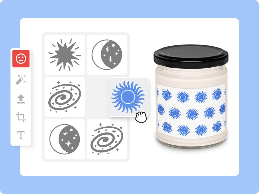 Candle design tool with customizable sun graphics.