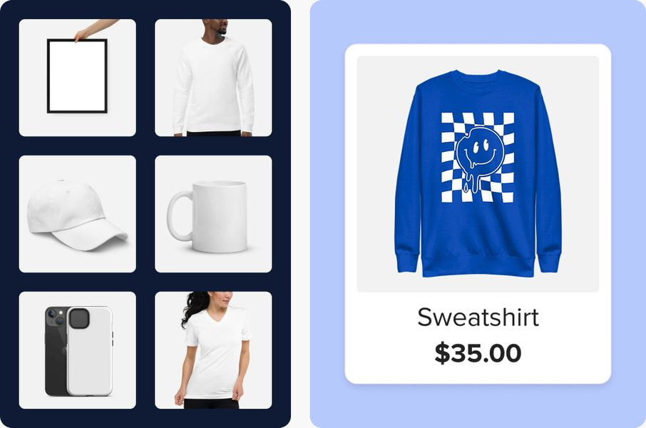 Print-on-demand product catalog with customizable items and a blue sweatshirt priced at $35.
