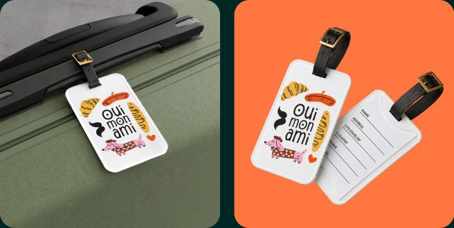 Personalized luggage tag attached to a green suitcase, featuring a playful French-inspired design with pastries, a dachshund illustration, and Oui mon ami typography, alongside front, back, and product views.