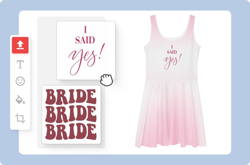 Design tool interface showing a personalized sleeveless skater dress with an “I Said Yes!” graphic. Multiple artwork options are displayed on the left, while the selected design is previewed on the dress.