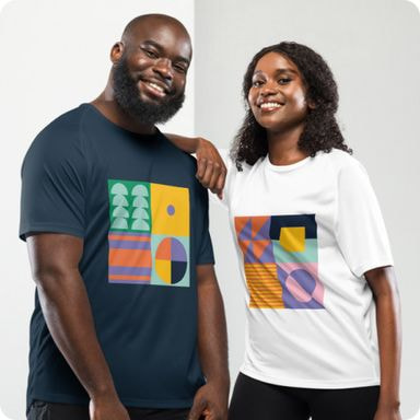 man and woman wearing custom printed t-shirts