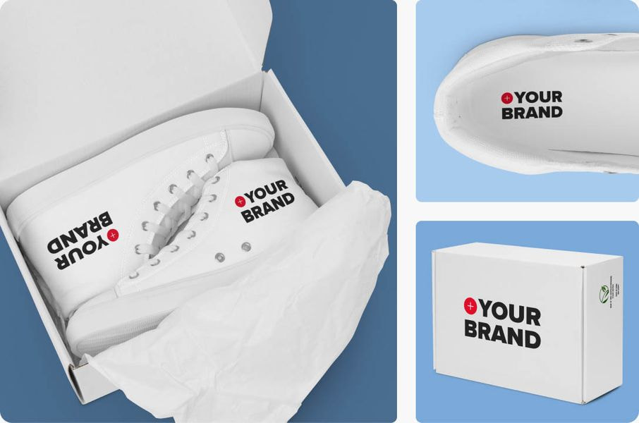 White branded shoe packaging set showing custom logo placement on high-top sneakers, insoles, and shipping box.