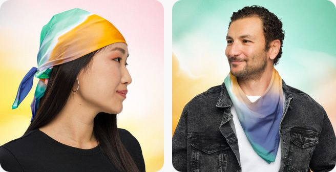 Man and woman wearing colorful custom printed bandanas