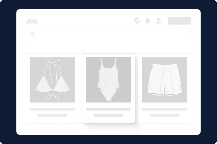Online storefront interface displaying customizable swimwear products, including bikinis, one-piece swimsuits, and swim shorts.