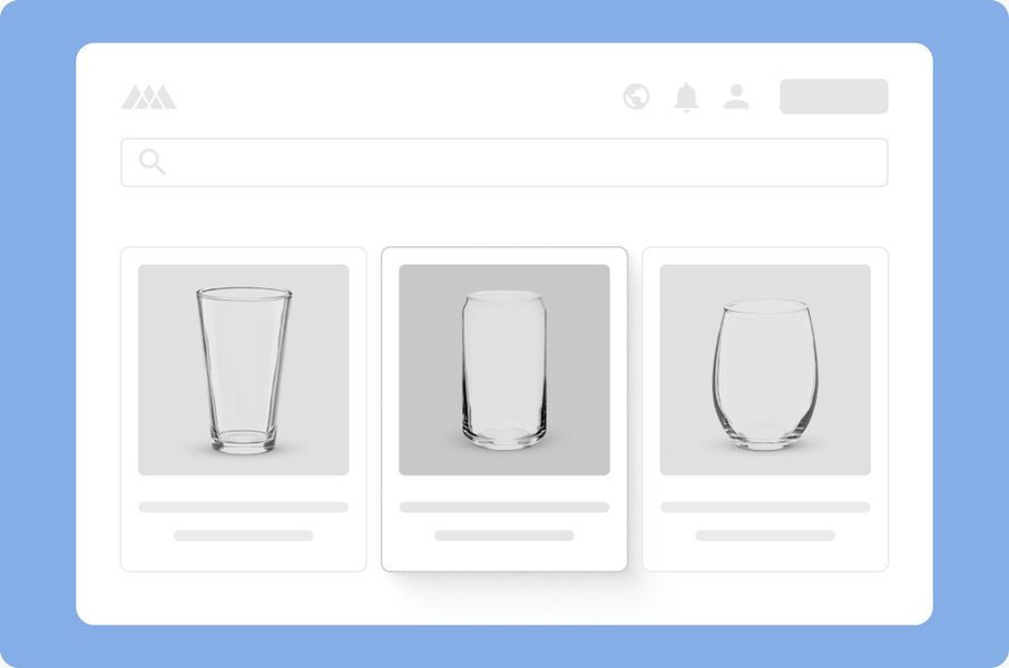 A mockup of an e-commerce website product selection page showing three clear glass beverage containers in product cards: a conical glass, a can-shaped glass, and a stemless wine glass. The can-shaped glass is highlighted.